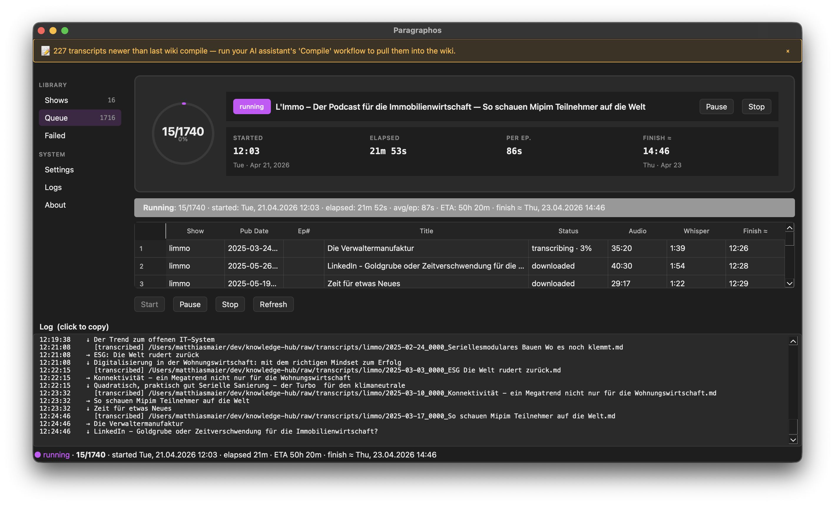 Queue tab — live transcribe dashboard with progress ring, per-row Audio / Whisper / Finish columns